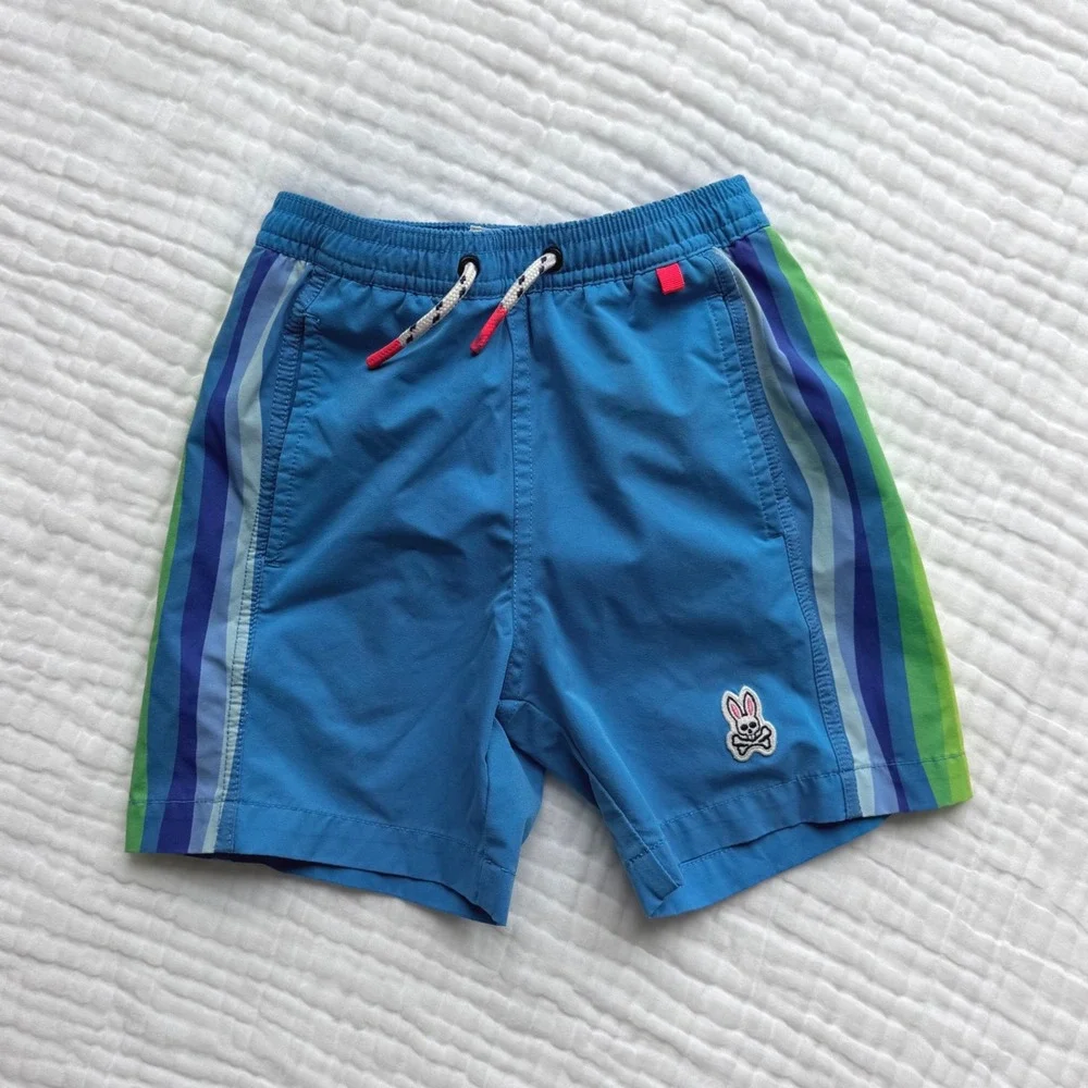 Psycho Bunny Swim Trunks Boys Size 4 Blue Striped Shorts Mesh Lined